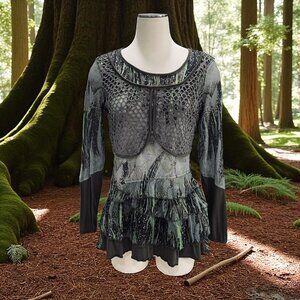Adam Jacobs Boho Tunic Top XS‎ Artsy Layered Mesh Long Sleeve Festival Grunge